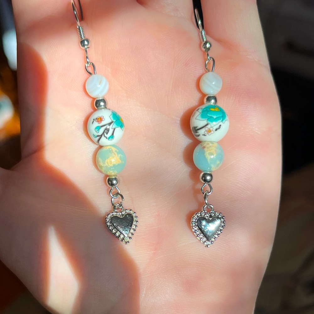 Handmade Light Blue Jasper Beaded Heart Dangly Earrings